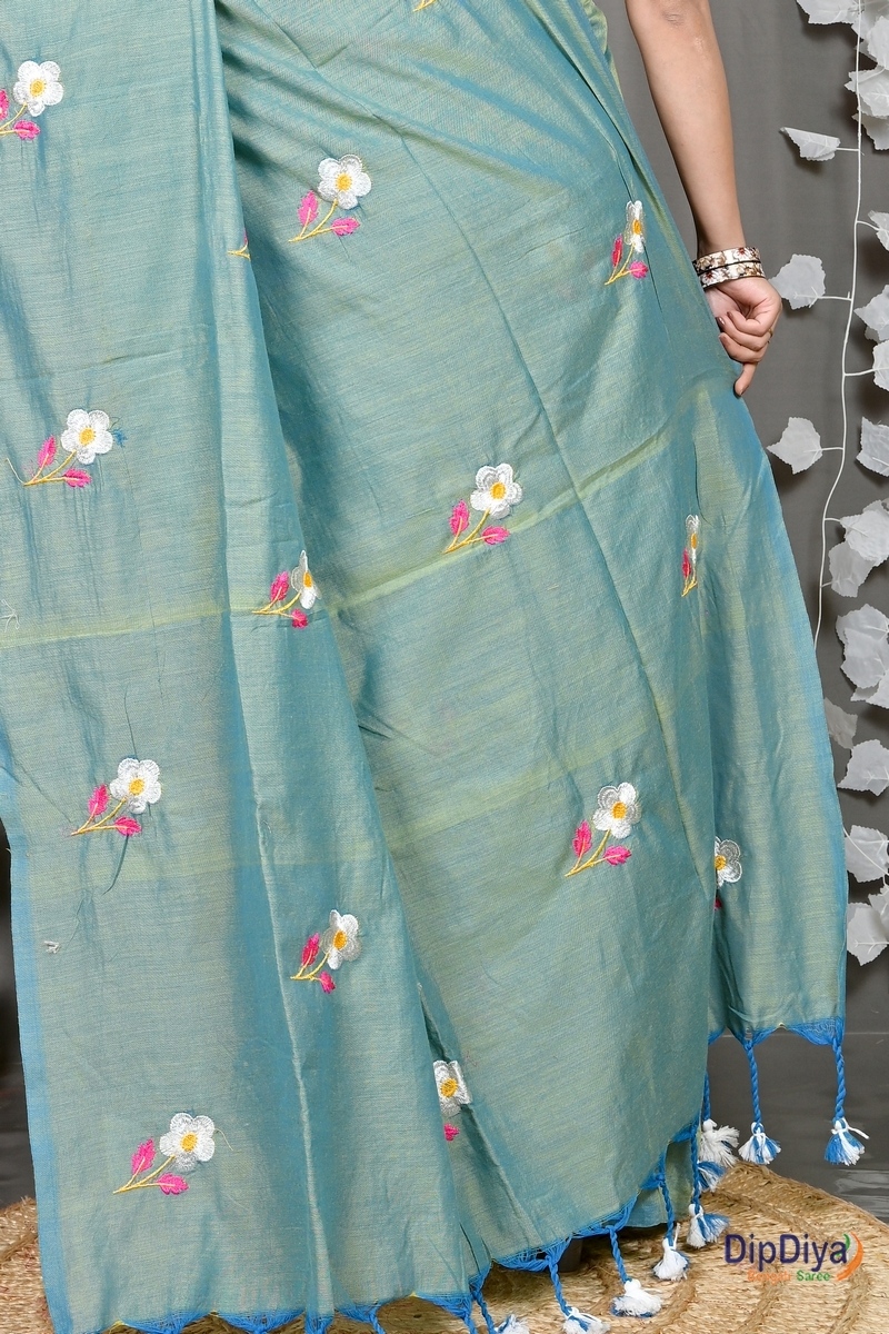 See Green Pure Cotton Paray Embroidery Handloom saree (295)
